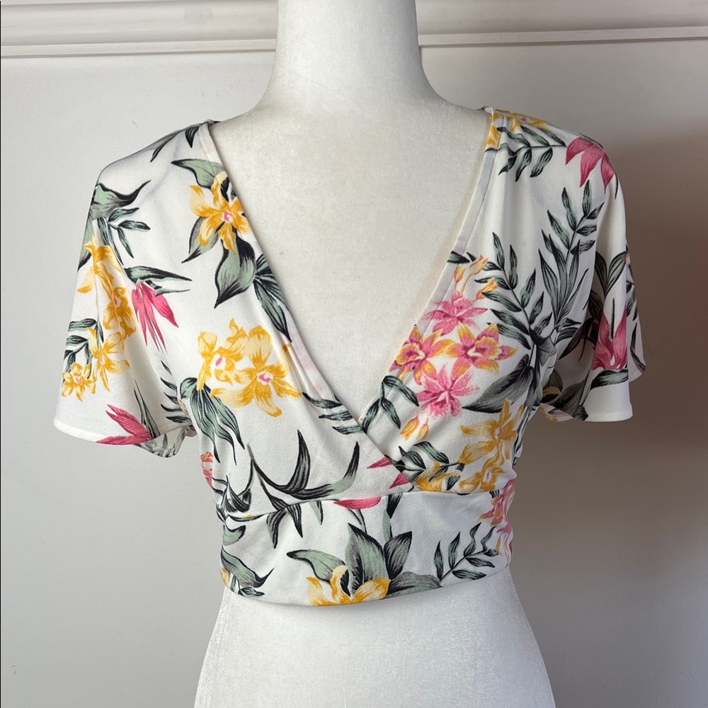 Divided Floral V-Neck Crop Wrap Top - Pink, Yellow, Green